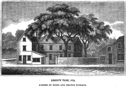 An 1828 engraving of Boston's Liberty Tree, a large elm standing at the corner of Orange Street.