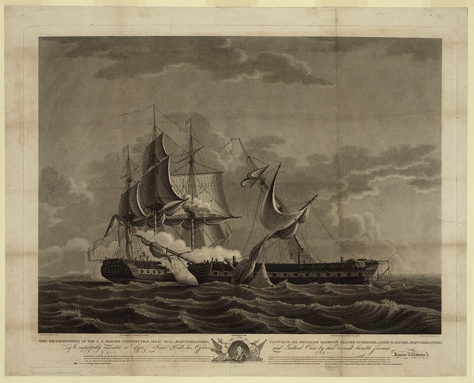 An 1813 engraving of USS Constitution firing into HMS Guerriere, the British frigate dismasted alongside her.